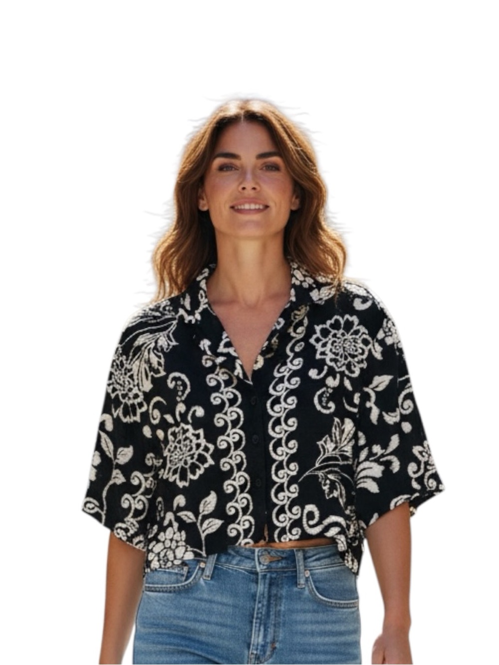 Good Luck Gem Black and White Floral Cropped Button-Down Shirt Size XL